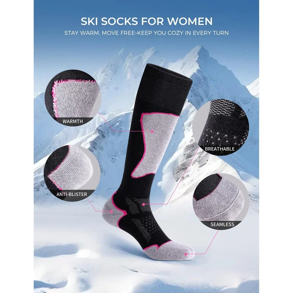 CS Women's Black Grey Rose Red Blue CELERSPORT Merino Wool Ski Socks 3 Pack M